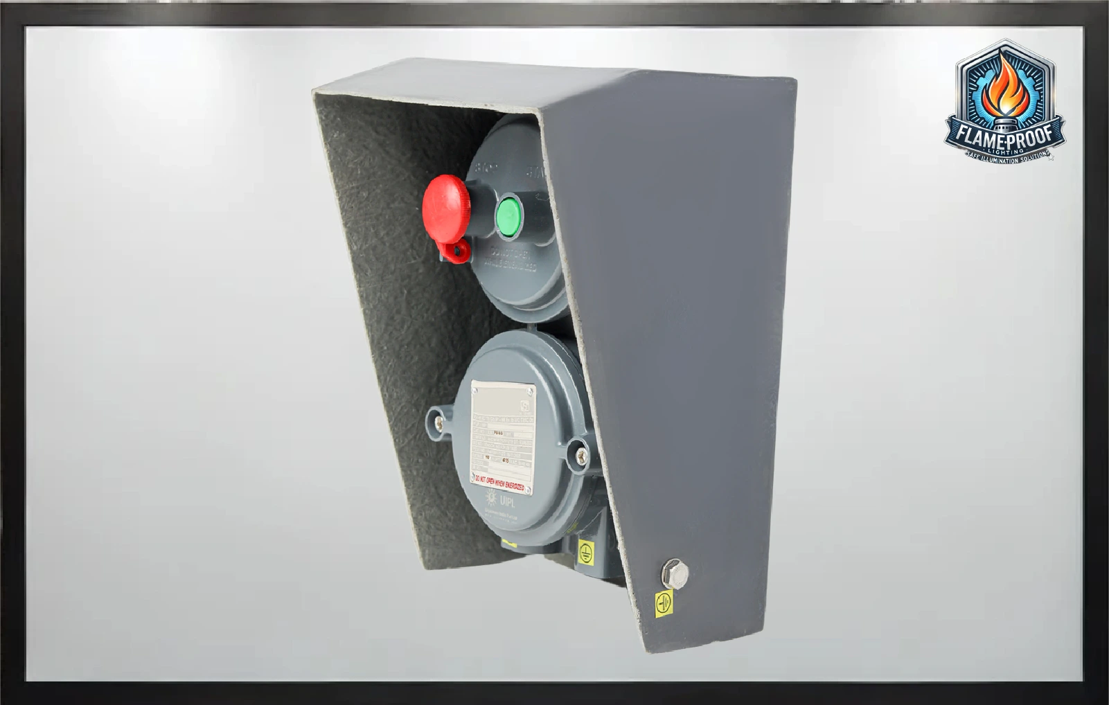 Flameproof push button station with weatherproof canopy for outdoor oil rigs, chemical plants, and Zone 1 areas.
